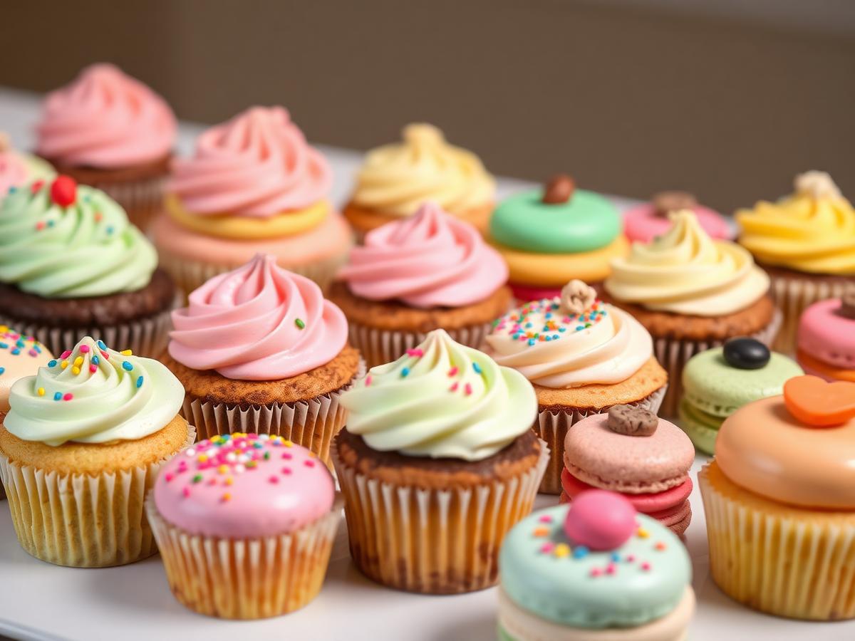 Magnifique présentation de cupcakes et macarons colorés réalisés par les enfants